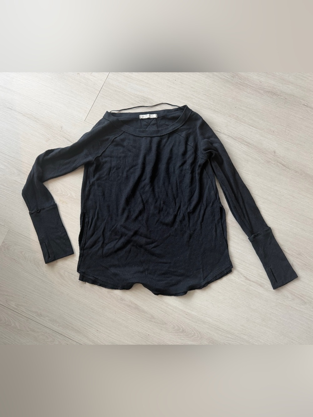 Free People Black Waffle Knit Long Sleeve Top